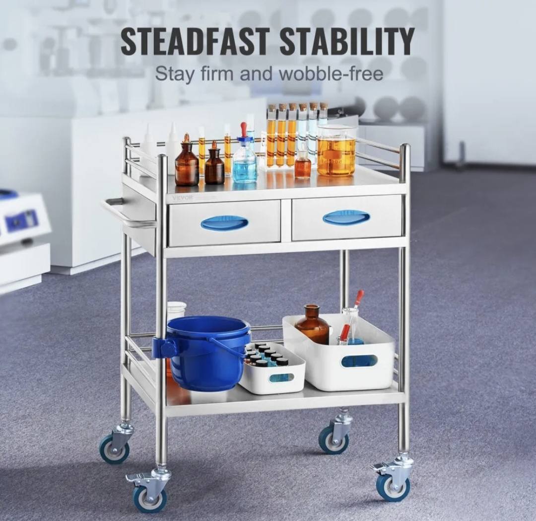 Lab Serving Cart, 2 Layers Stainless Steel Utility Rolling Cart, Medical Cart with Two Drawers, Dental Utility Cart with Lockable Wheels and A Bucket, for Laboratory, Hospital, Dental Use - Image 9