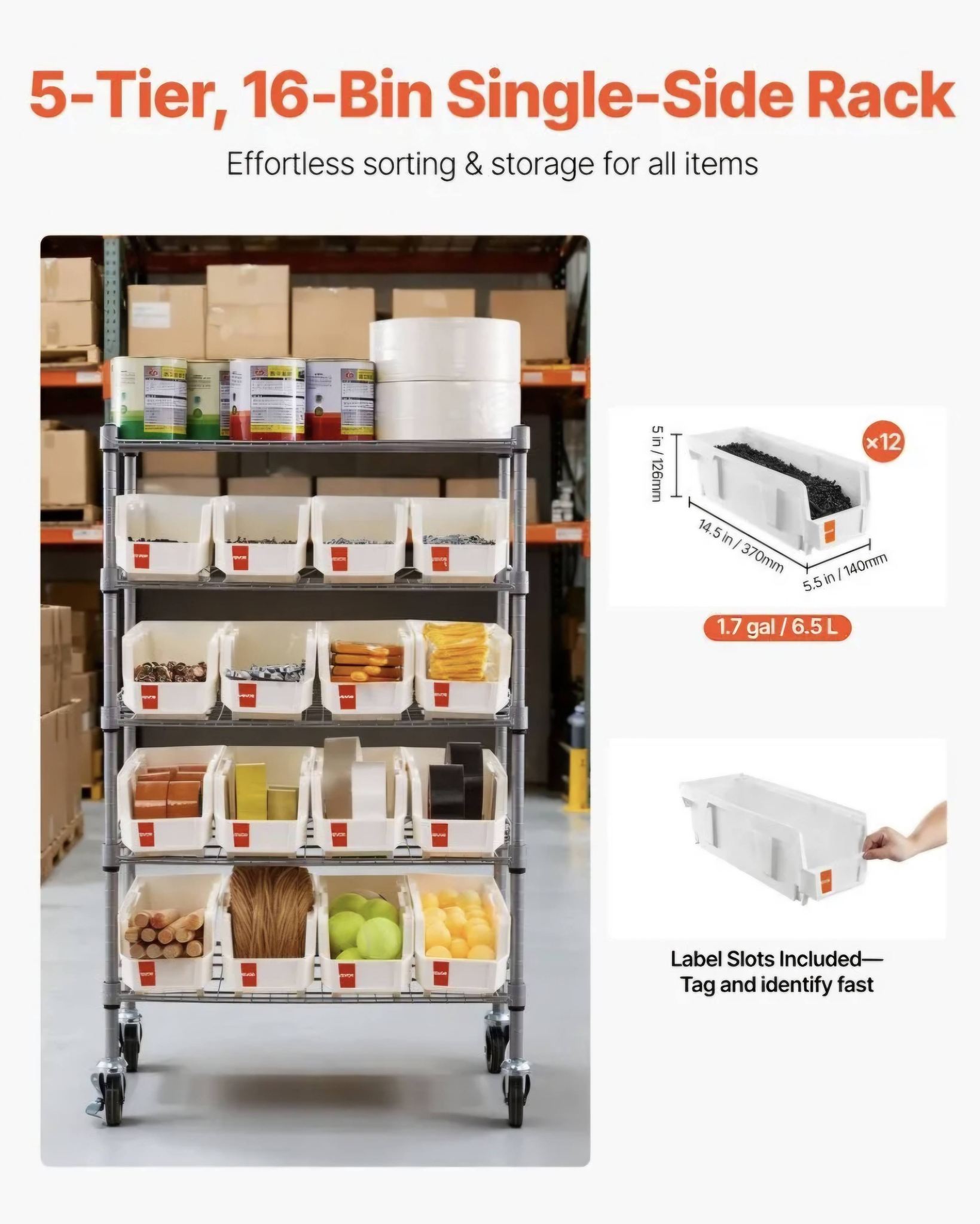 5-Tier Rolling Storage Rack with 16 Organizer Bins for labs - Image 7