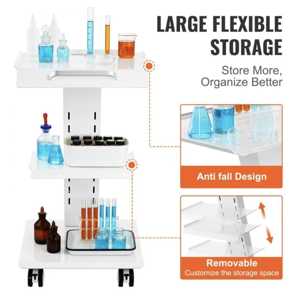 Lab Trolley, Rolling Lab Cart with Built-in Socket, 3-Layer Metal Mobile Trolley, Tray Rolling Clinic Cart with Swivel Wheels, 220 lbs Weight Capacity, for Lab, Clinic, Beauty and Salon - Image 12