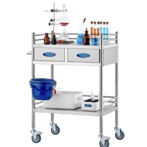 Lab Serving Cart, 2 Layers Stainless Steel Utility Rolling Cart, Medical Cart with Two Drawers, Dental Utility Cart with Lockable Wheels and A Bucket, for Laboratory, Hospital, Dental Use
