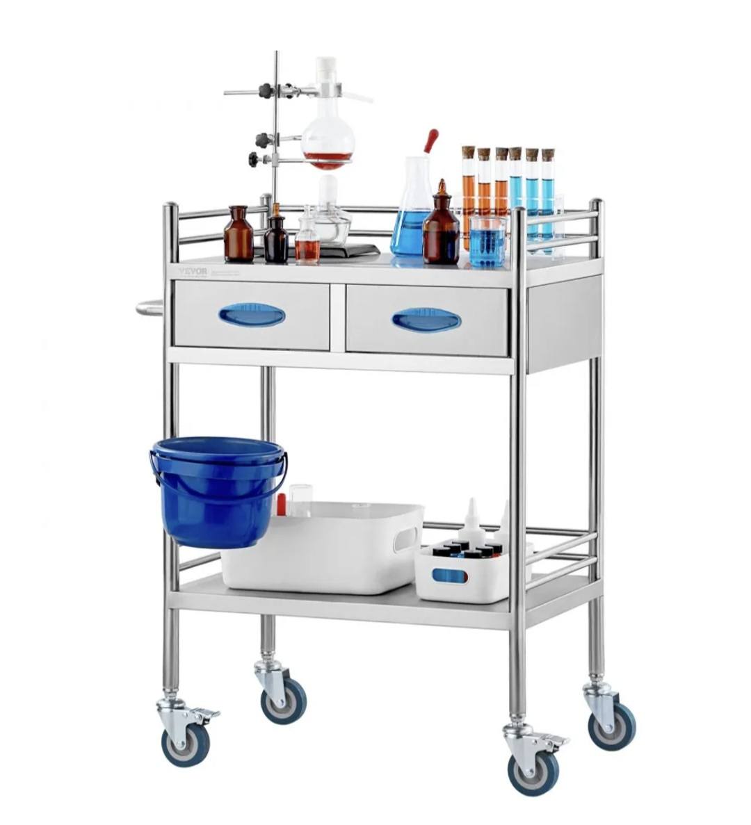 Lab Serving Cart, 2 Layers Stainless Steel Utility Rolling Cart, Medical Cart with Two Drawers, Dental Utility Cart with Lockable Wheels and A Bucket, for Laboratory, Hospital, Dental Use