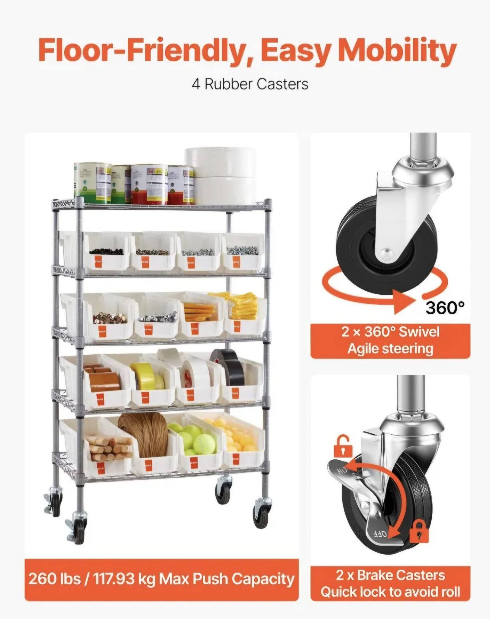 5-Tier Rolling Storage Rack with 16 Organizer Bins for labs