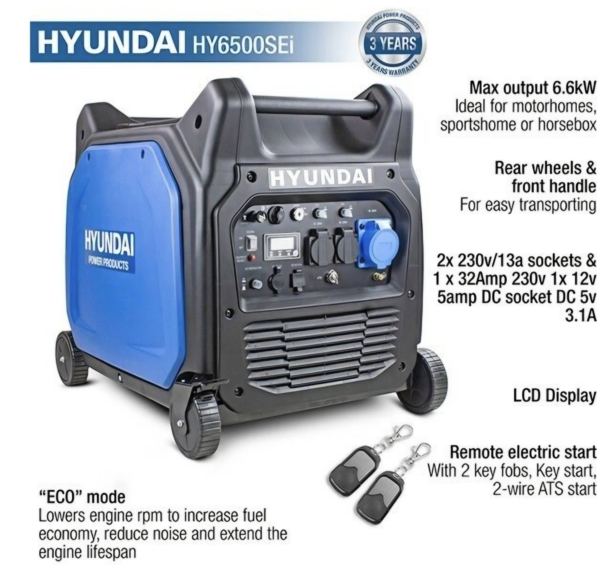 Hyundai 6600W/6.6kW Remote Electric Start Petrol Portable Inverter Generator - Image 5